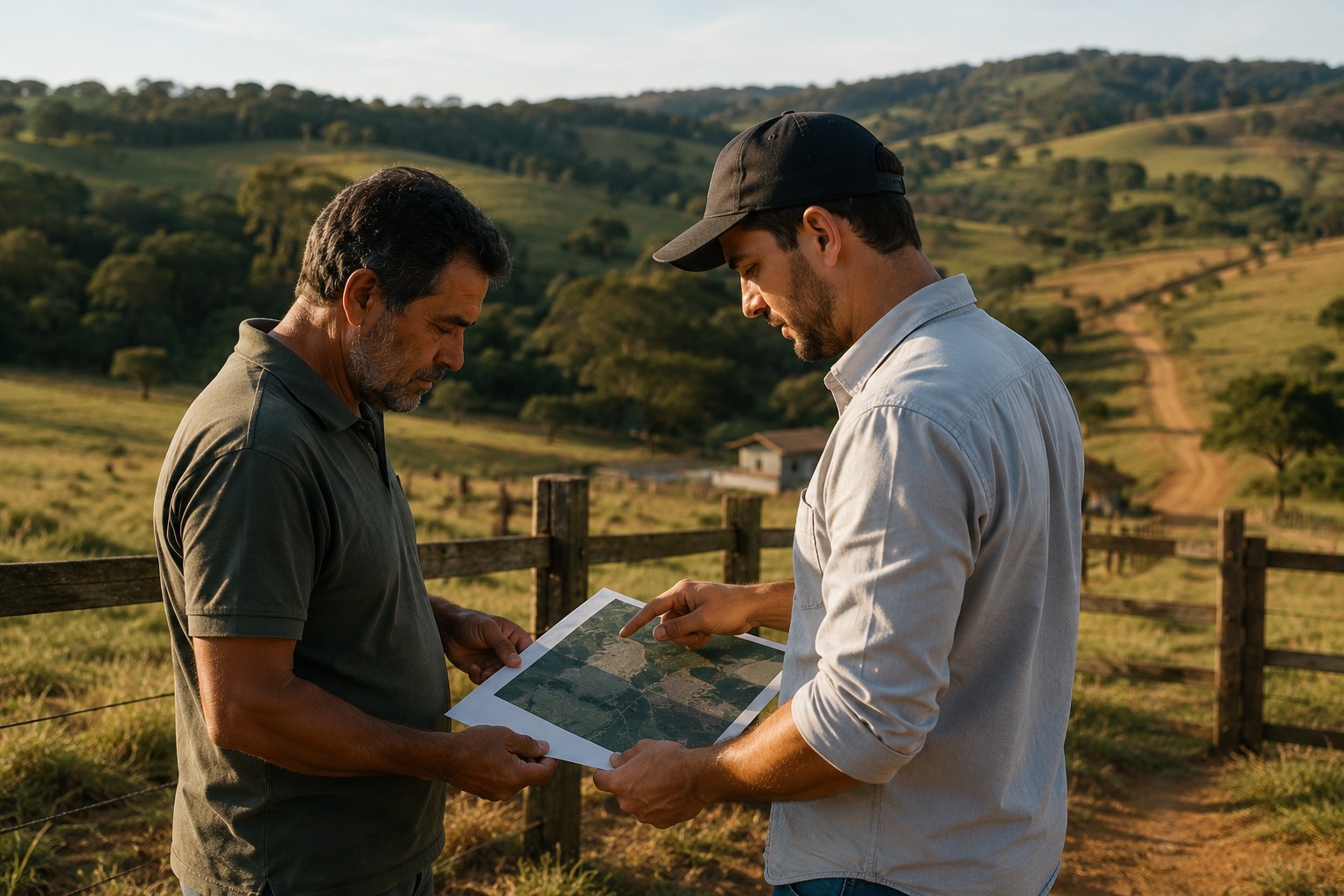 Imóvel rural começa a dar problema: proprietário rural conversando com técnico sobre a propriedade.
