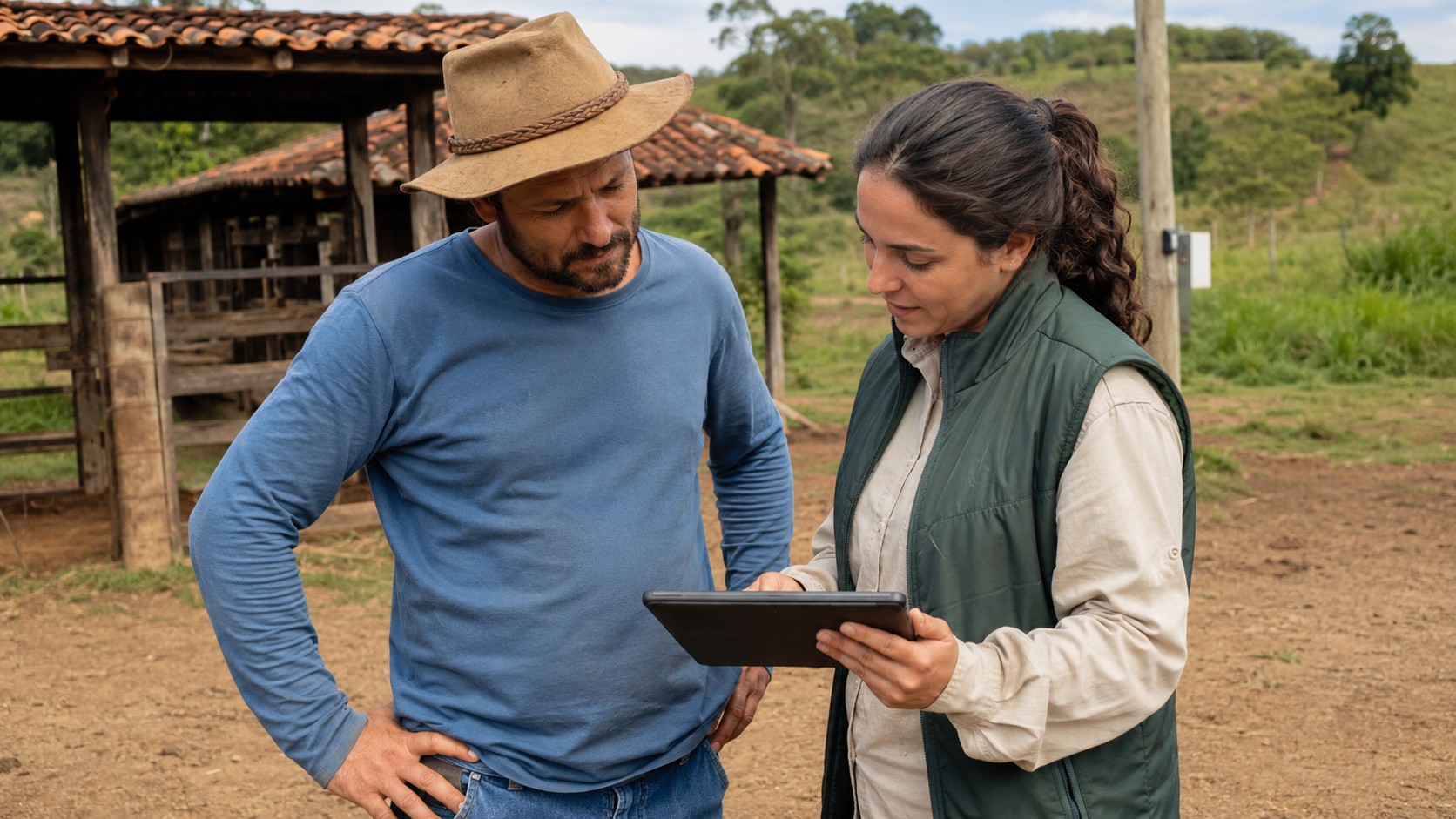 Produtor rural e consultora dialogando sobre o licenciamento ambiental.