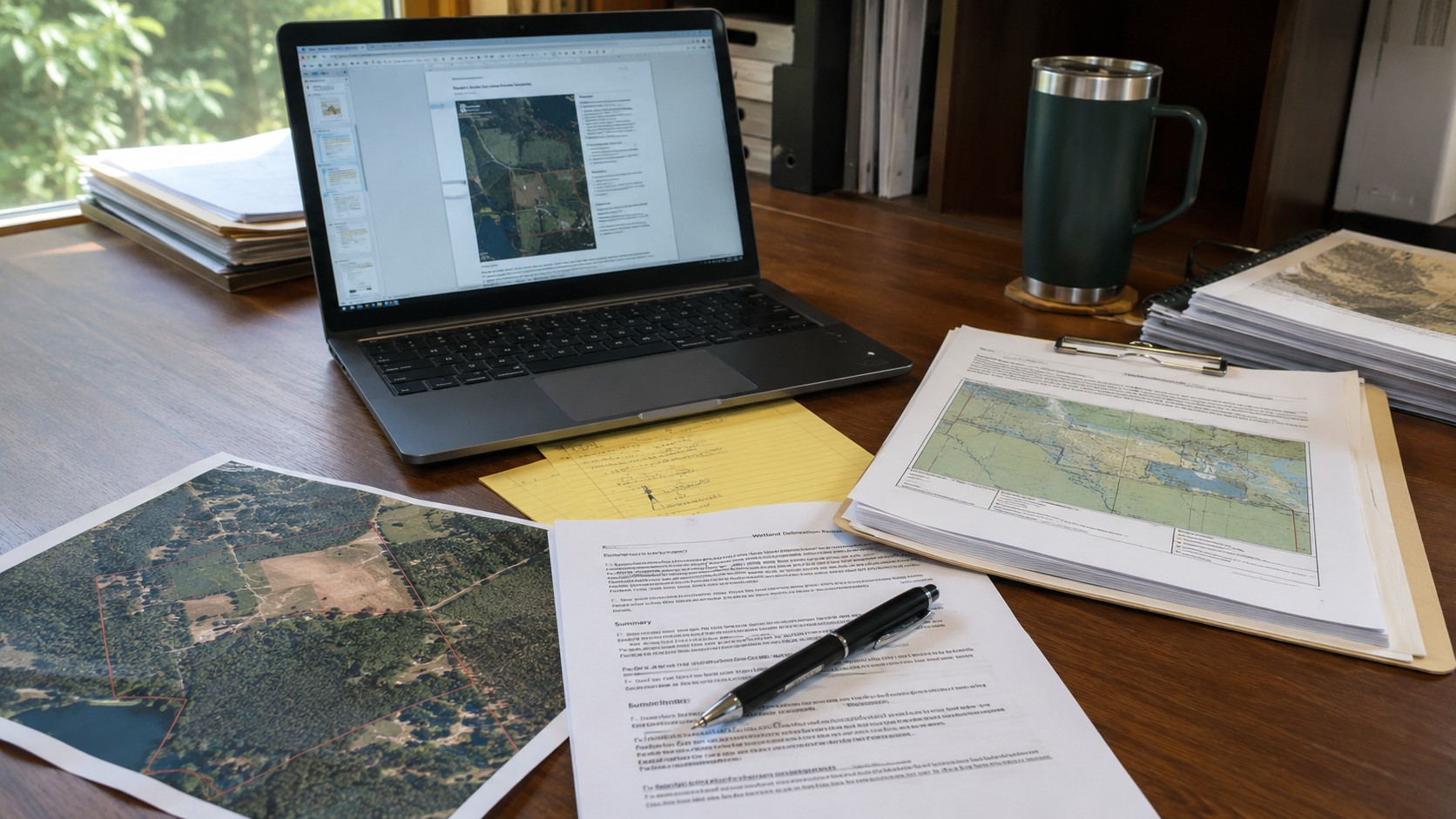 Documentos do licenciamento ambiental dispostos em uma mesa.