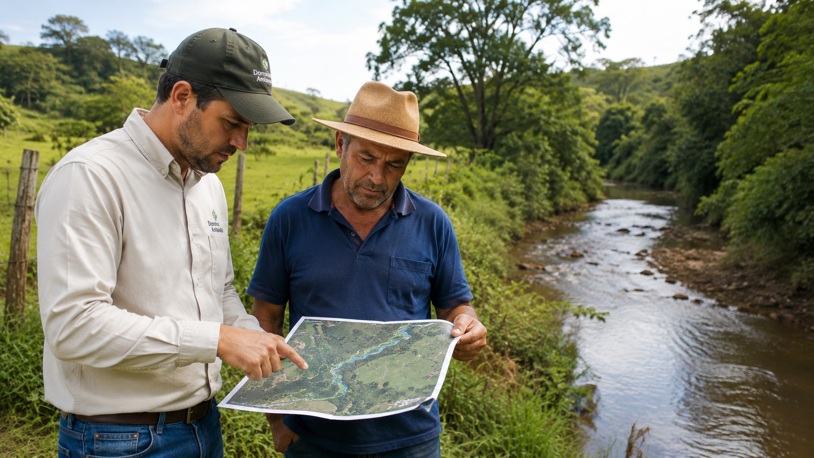 Produtor rural e um profissional de consultoria ambiental à margem de um córrego, analisando um mapa sobre o CAR.