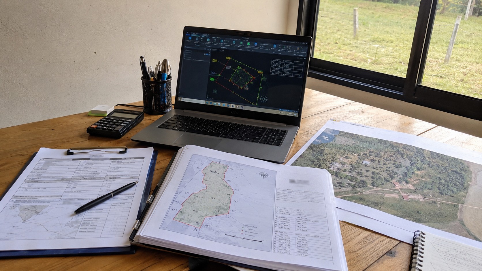 Documentos de regularização ambiental rural e um laptop dispostos em uma mesa.