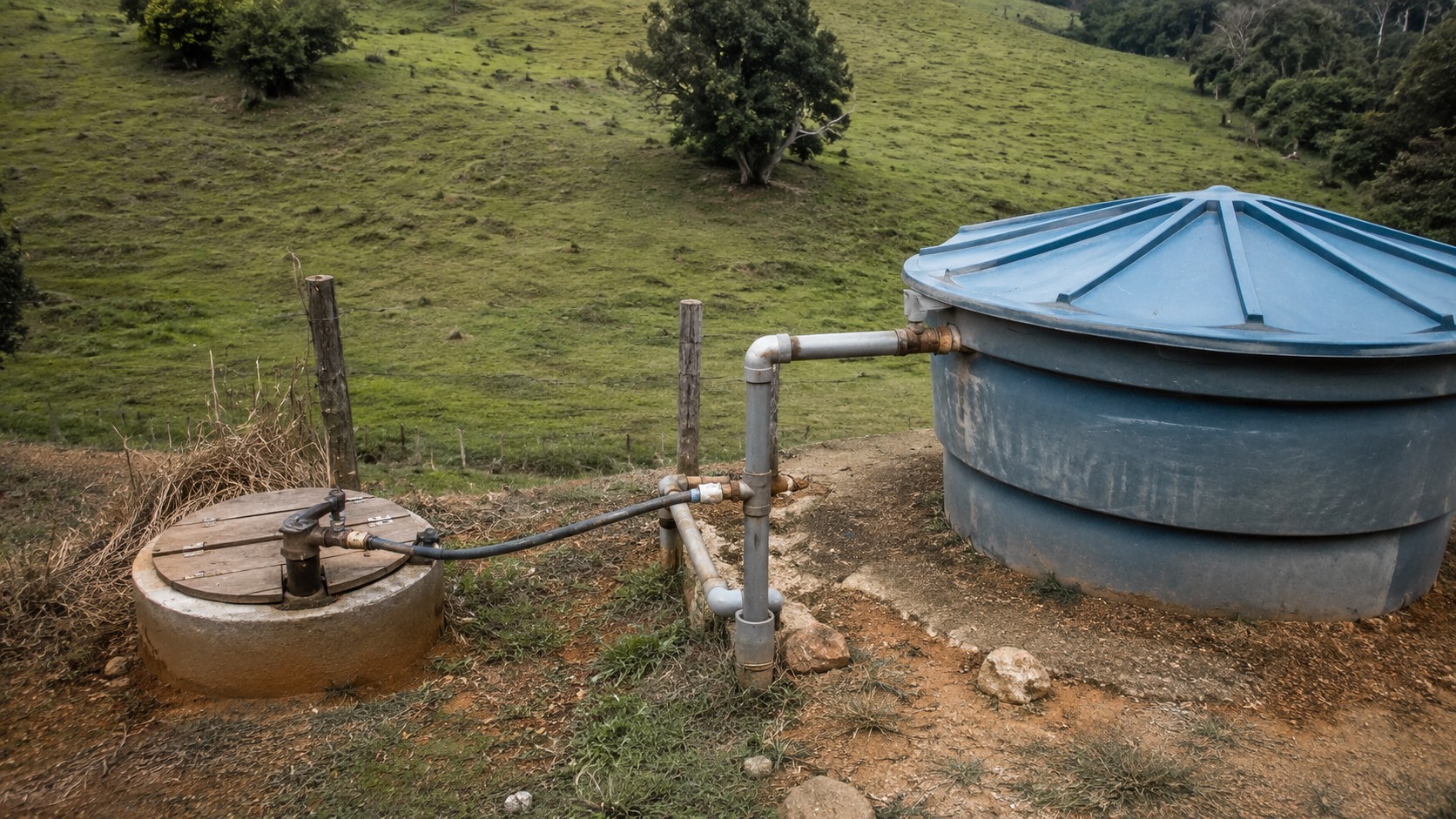 Poço rural que abastece um reservatório de água, para qual é necessária outorga ou uso insignificante de água.