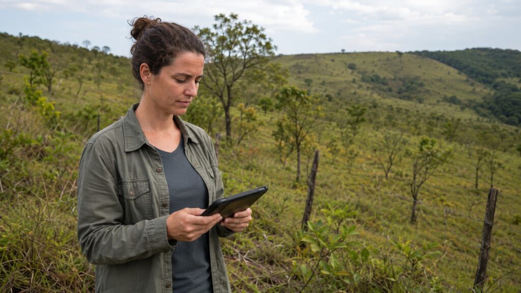 Profissional em campo avaliando uma área para intervenção ambiental e supressão de vegetação nativa.