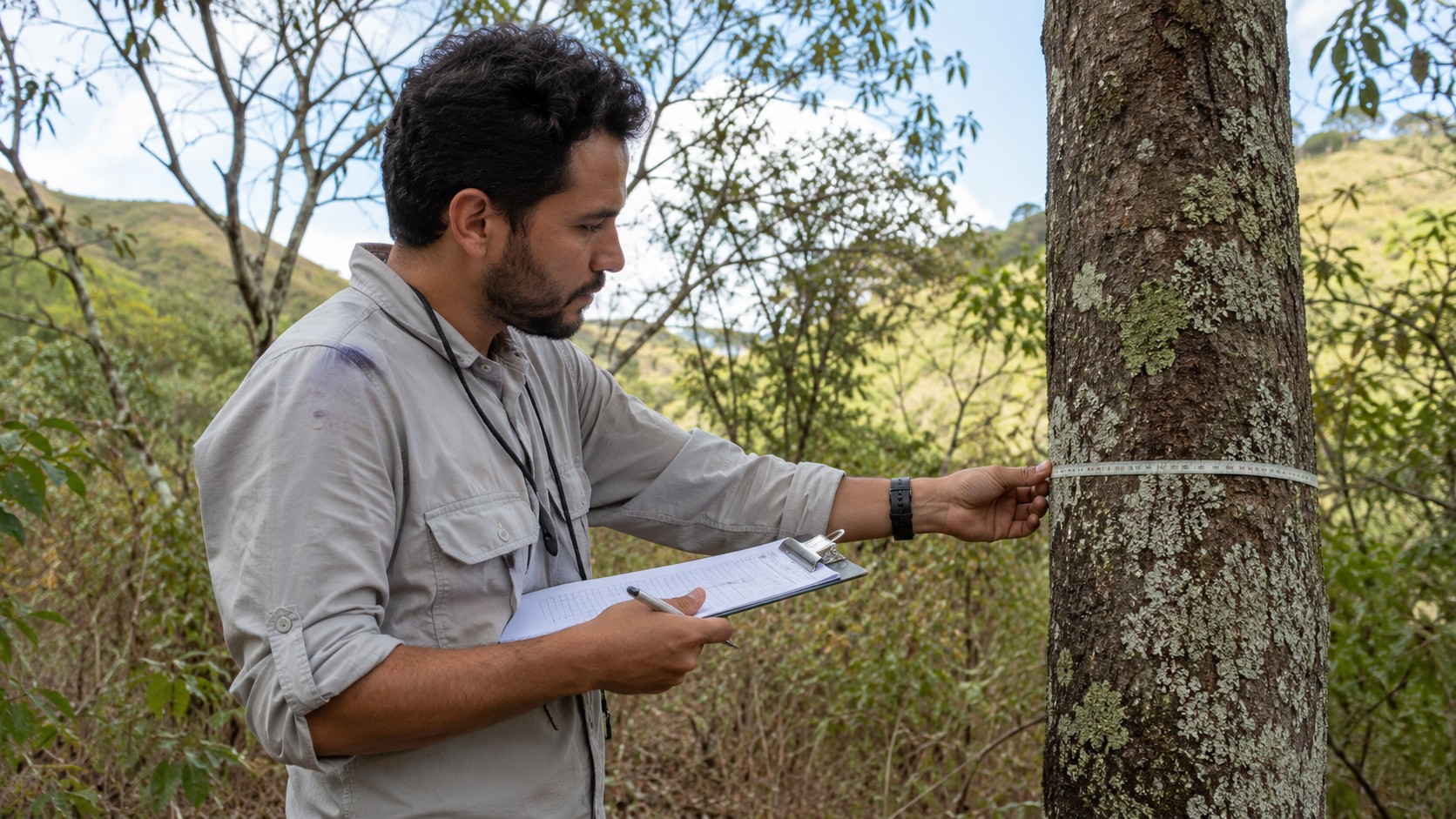 Intervenção Ambiental e Supressão de Vegetação: inventário florestal, com profissional medindo o diâmetro de uma árvore ou anotando dados em prancheta.