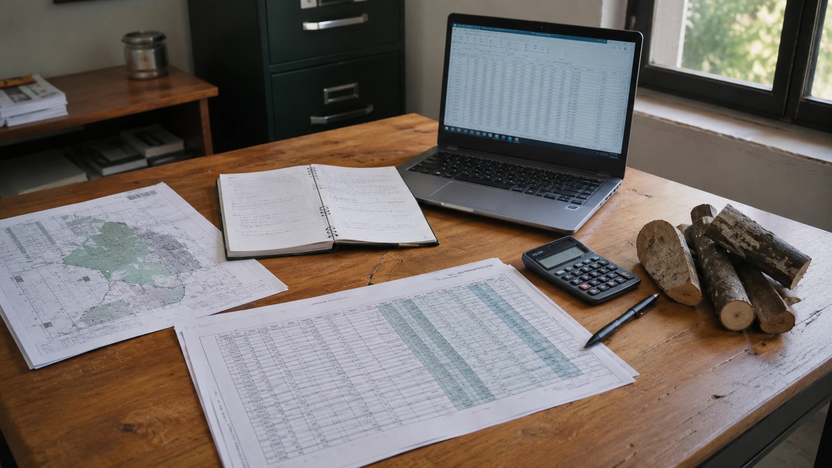 Mesa de trabalho com documentos, planilhas impressas, mapas, calculadora e notebook, remetendo à parte do Cadastro, Registro e Controle Floresta de comprovação, controle, volumes e suprimento florestal.