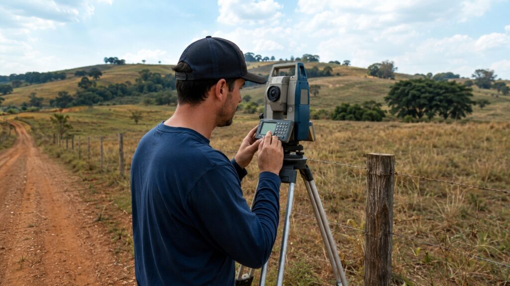 Profissional de Topografia manuseando uma Estação Total, equipamento de utilizado para levantamentos de campo.