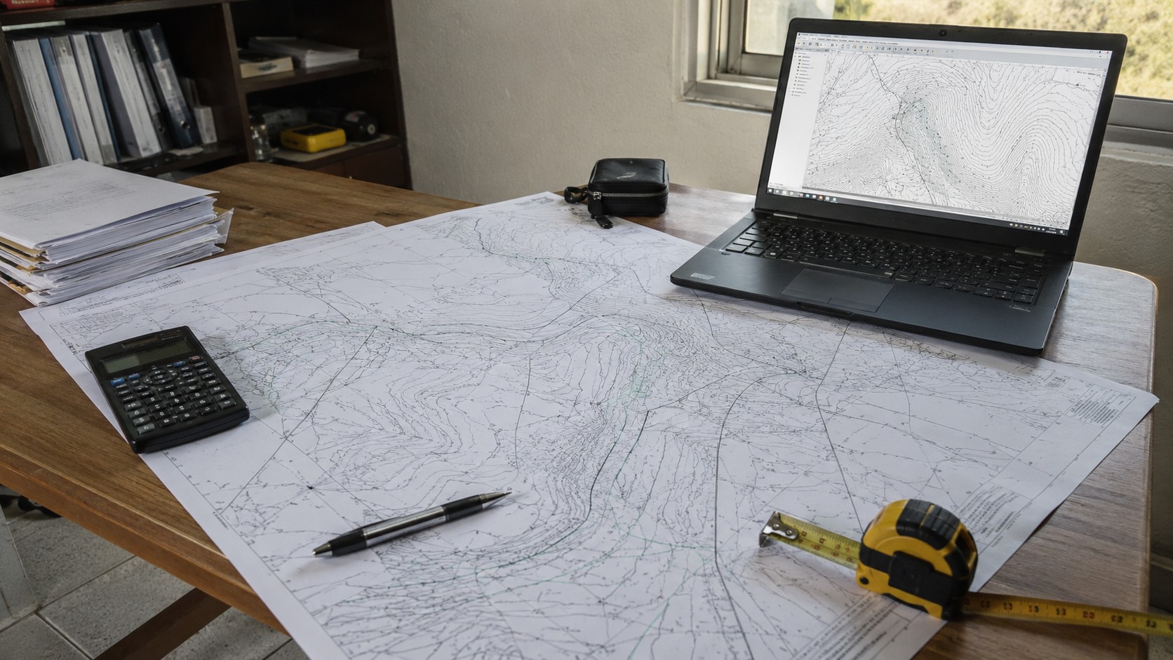 Elementos da Topografia: planta topográfica impressa e digital em laptop sobre uma mesa.