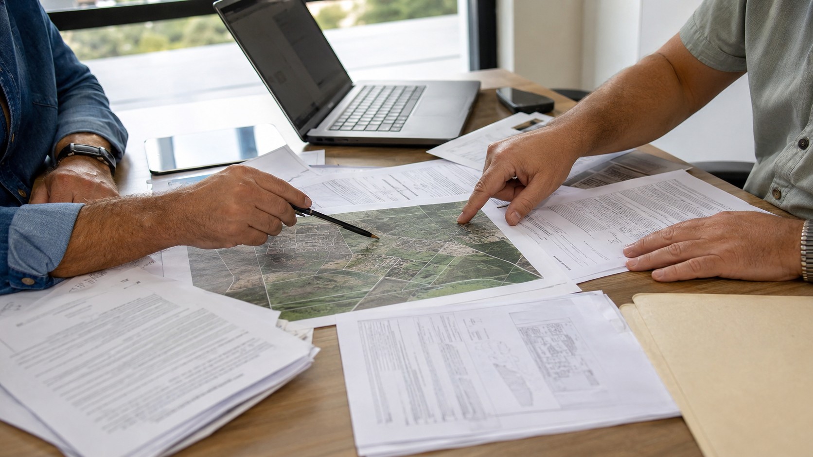 Pessoas discutindo sobre uma planta topográfica de Regularização Técnica de Imóveis.