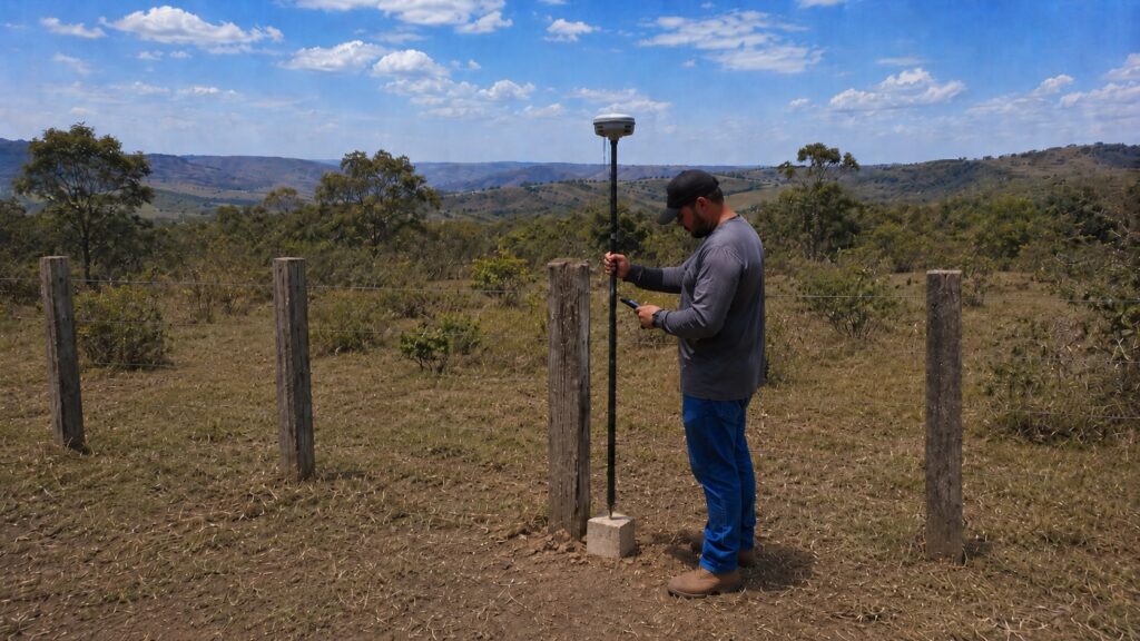 Profissional registrando um ponto no limite de um imóvel com bastão e GPS sobre marco de concreto em Georreferenciamento de Imóveis Rurais.