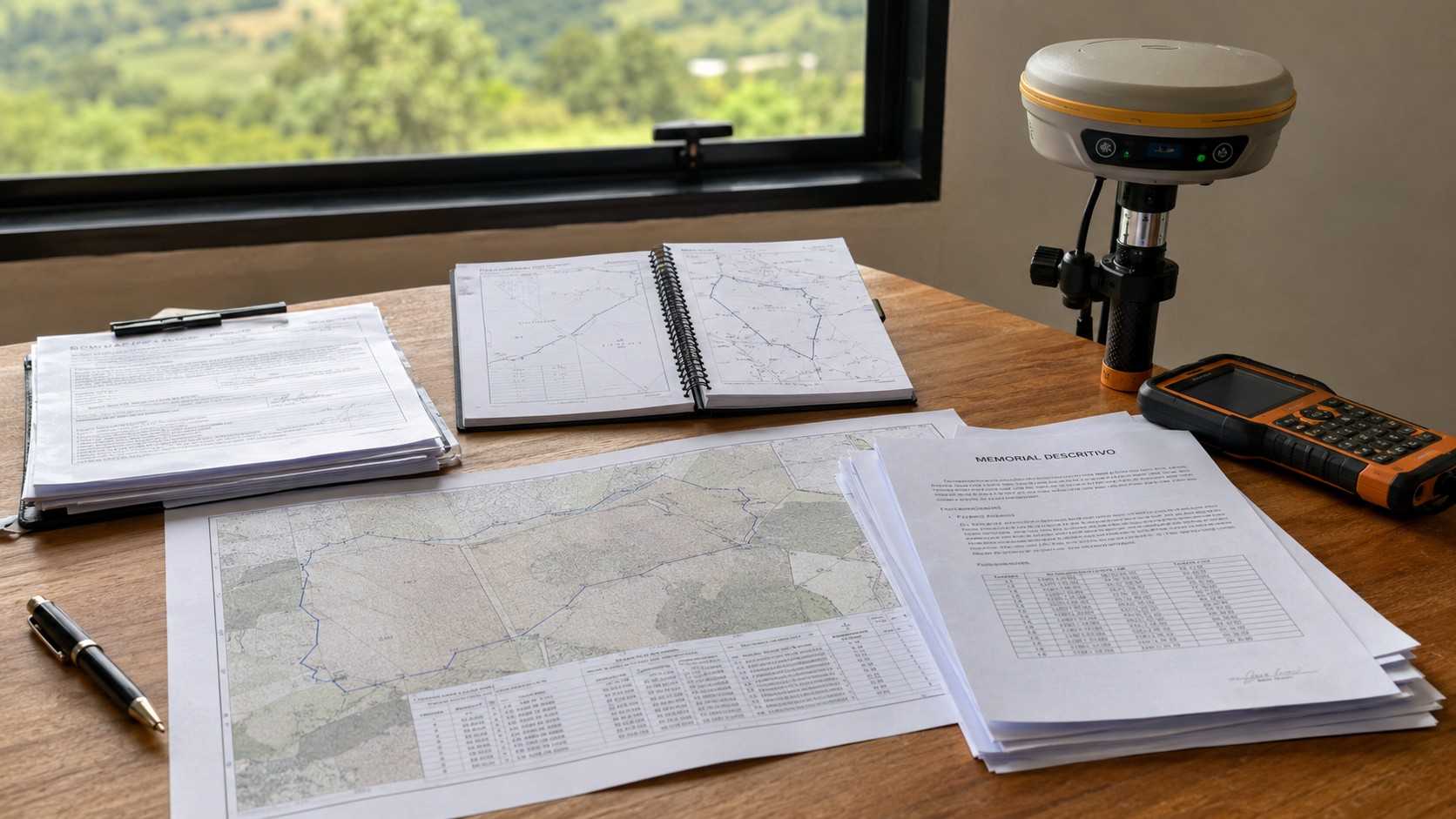 Planta topográfica ao lado de um GPS para Georreferenciamento de Imóveis Rurais e seu receptor manual.