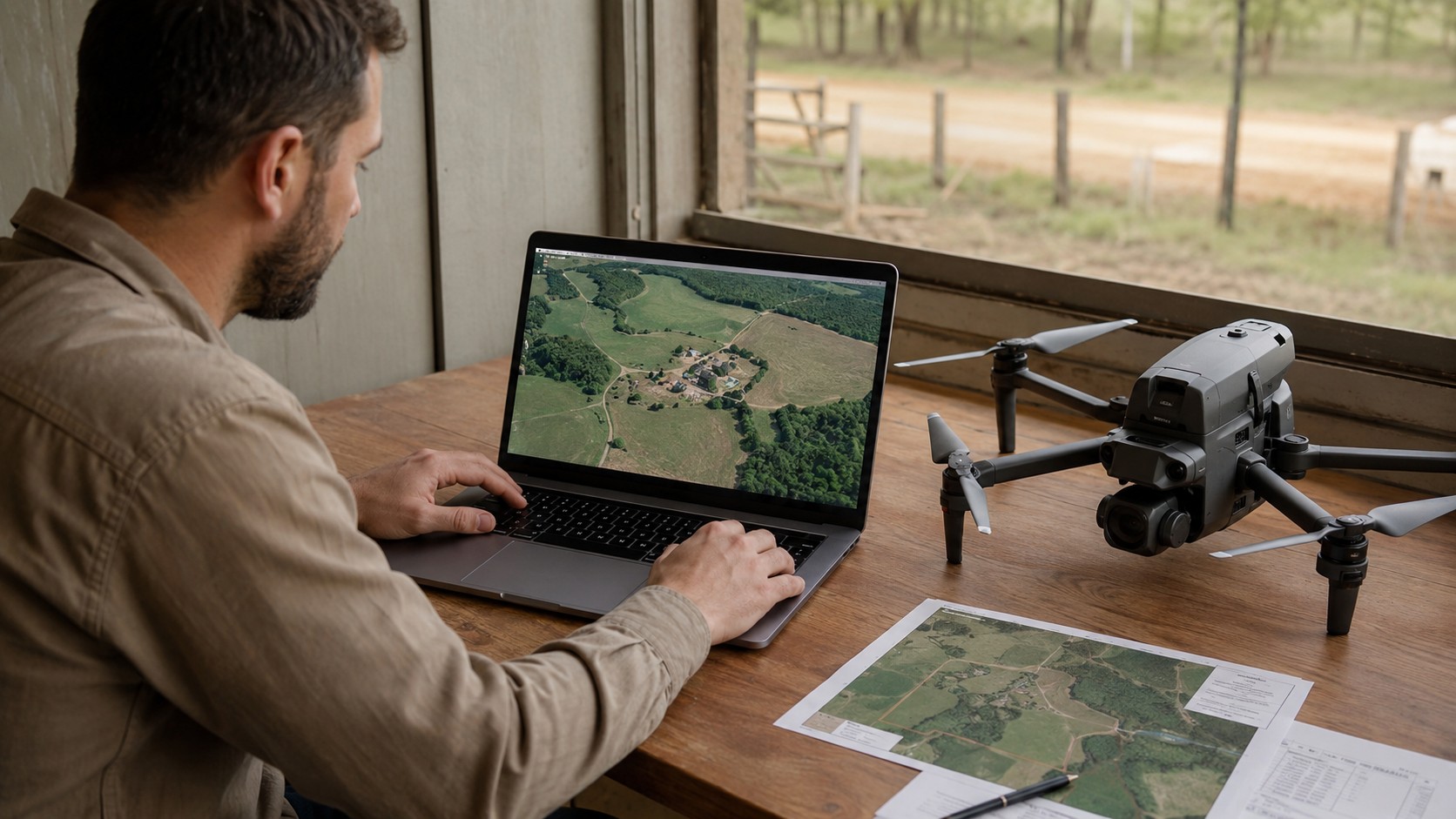 Profissional observando foto em laptop e impressa de Levantamento com Drone e Aerolevantamento.