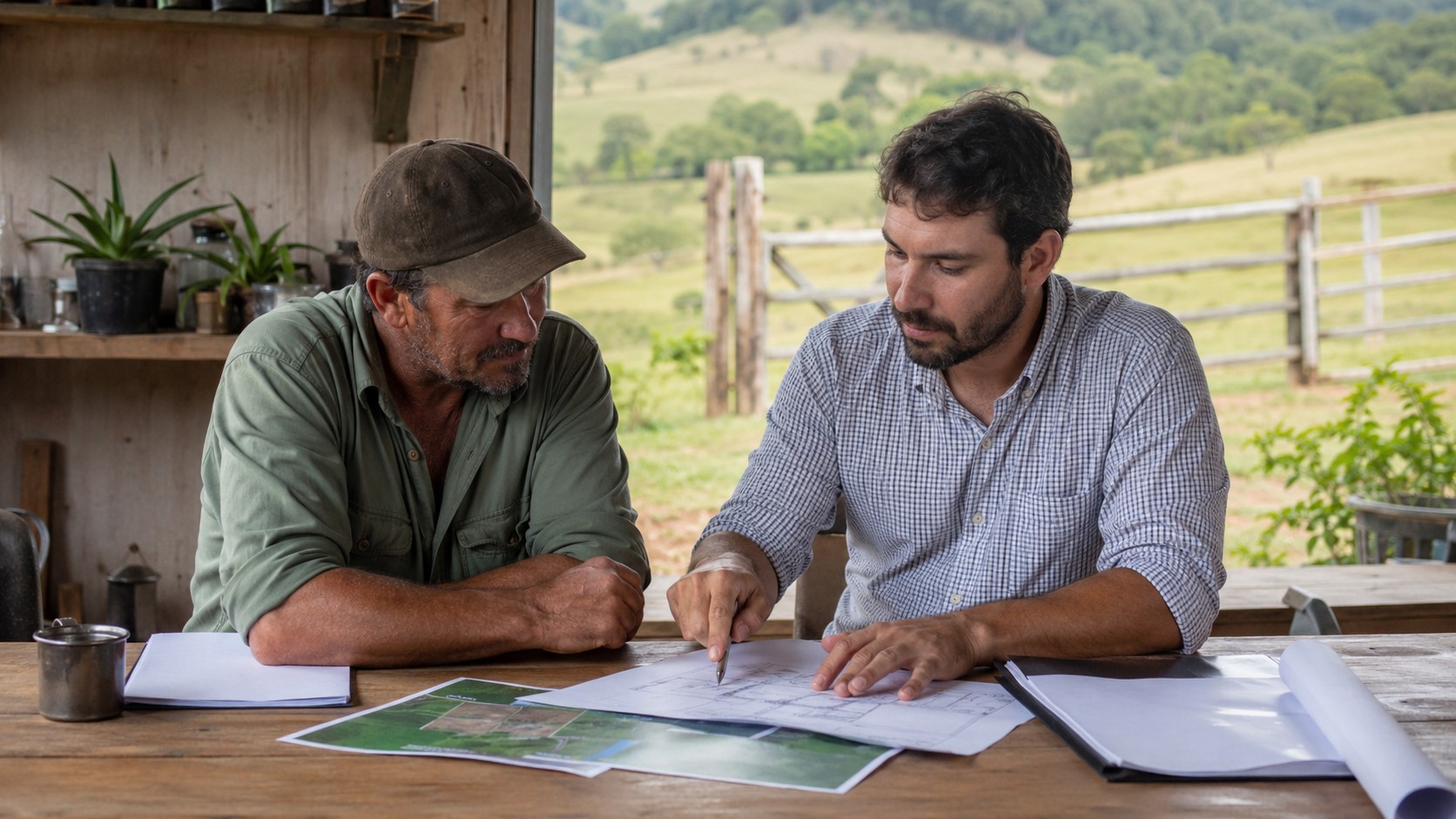 Profissional e produtor rural discutindo sobre um Projeto para Bancos e Financiamento Rural.