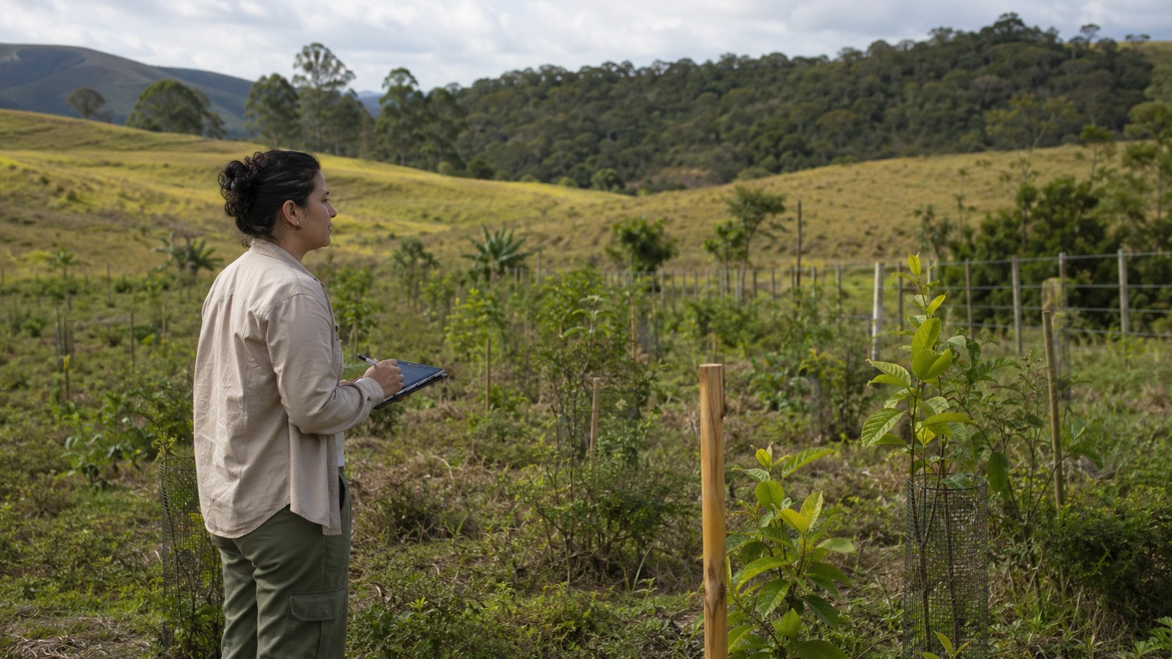 Profissional realizando vistoria de Monitoramento Ambiental em uma área rural com mudas plantadas.