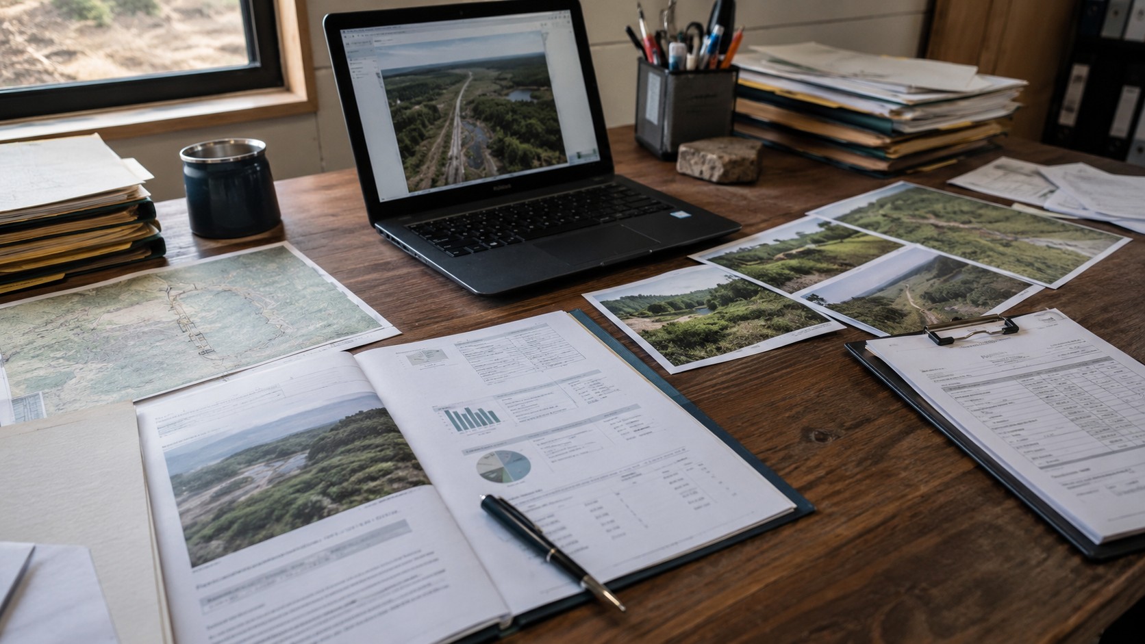Documentos e fotos de Monitoramento Ambiental em uma mesa com um laptop.