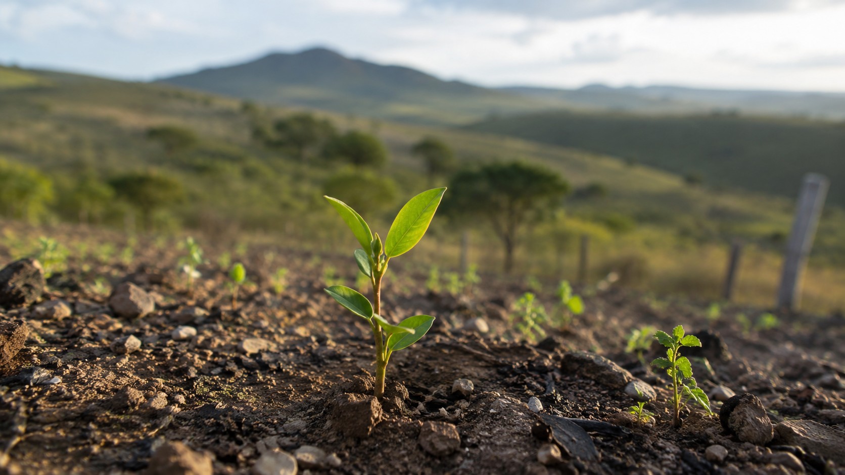 Muda de árvore nativa plantada para recuperação de área degradada.