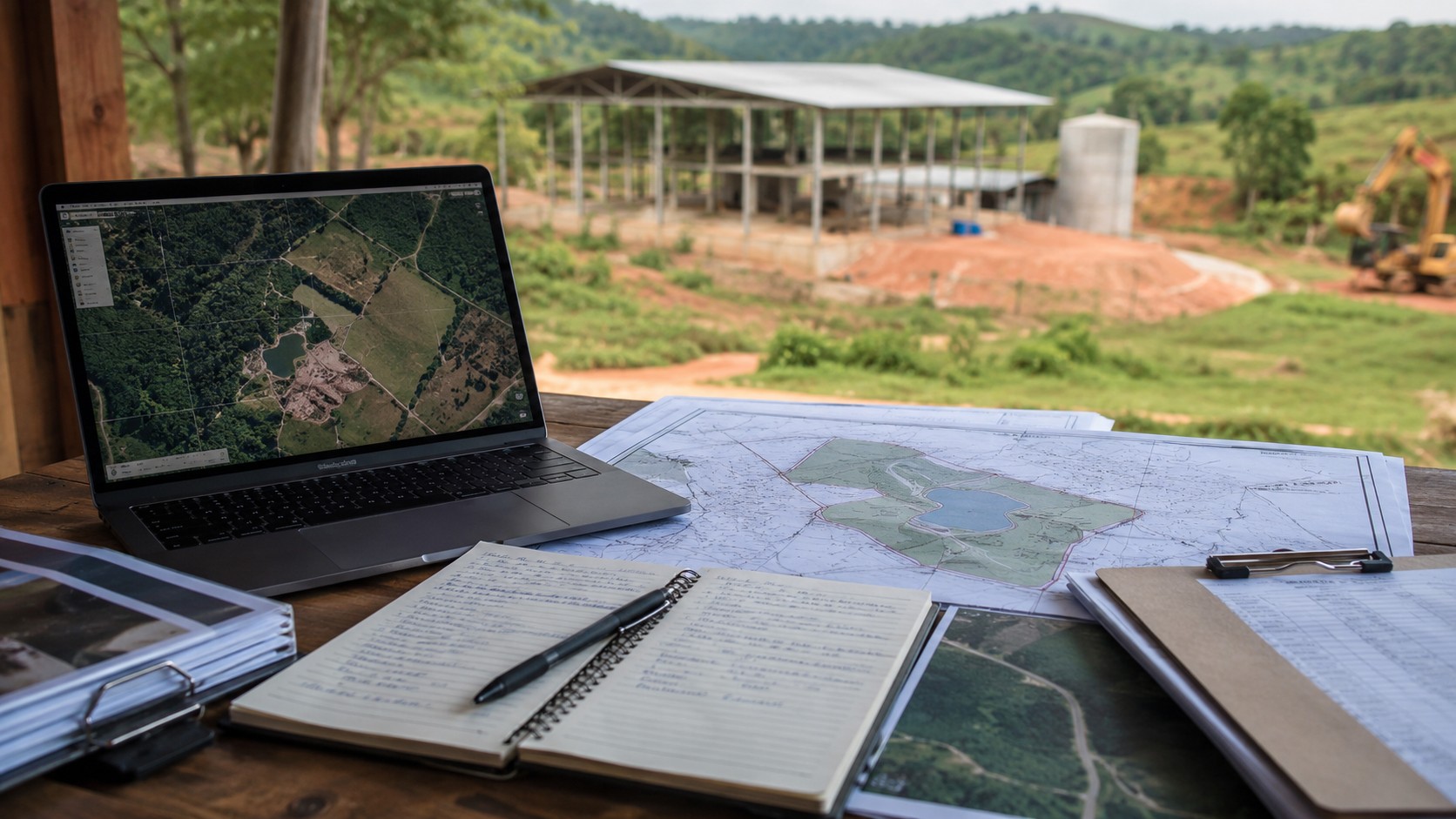 Mesa de trabalho com laptop, anotações e planta para licença ambiental em pequenos empreendimentos, e ao fundo a atividade que faz necessitar da licença: a construção de uma edificação.