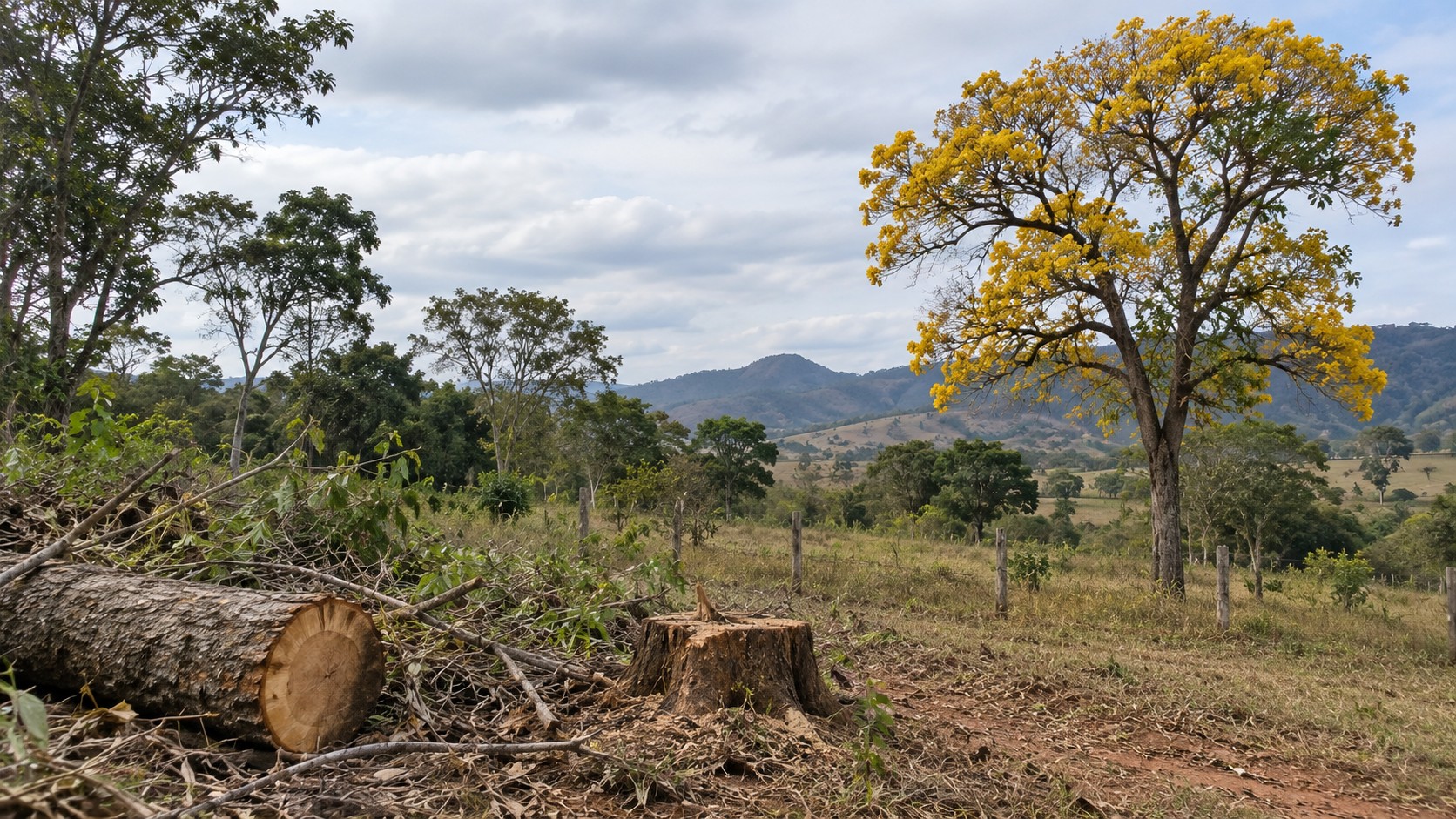 Ipê amarelo, uma árvore imune a corte, em um campo próximo de outras árvores e de uma árvore cortada.