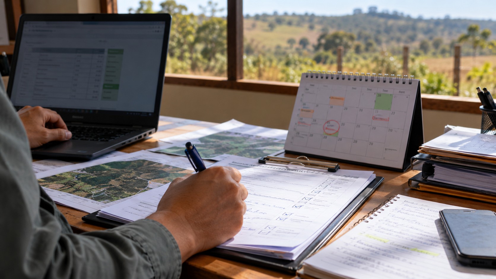 Mesa de trabalho com documentos, plantas, um calendário e um laptop, com as mãos de um profissional preenchendo os documentos. Ao fundo, uma janela em que se vê parte de um imóvel rural em dia ensolarado. Os documentos e todos os elementos da mesa refletem os assuntos relacionados às condicionantes ambientais.
