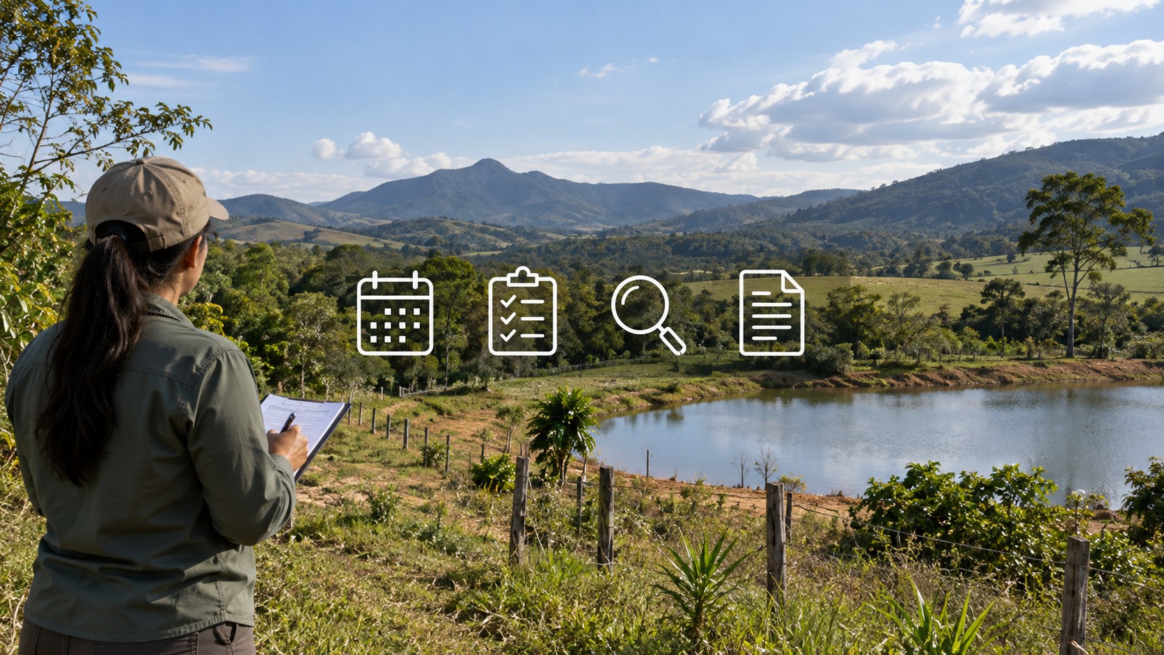Profissional anotando informações em uma prancheta diante de uma área rural com cerca, pastagem natural e um pouco de vegetação nativa, com ícones de calendário, checklist, lupa e documento ao centro, remetendo a elementos das condicionantes ambientais.