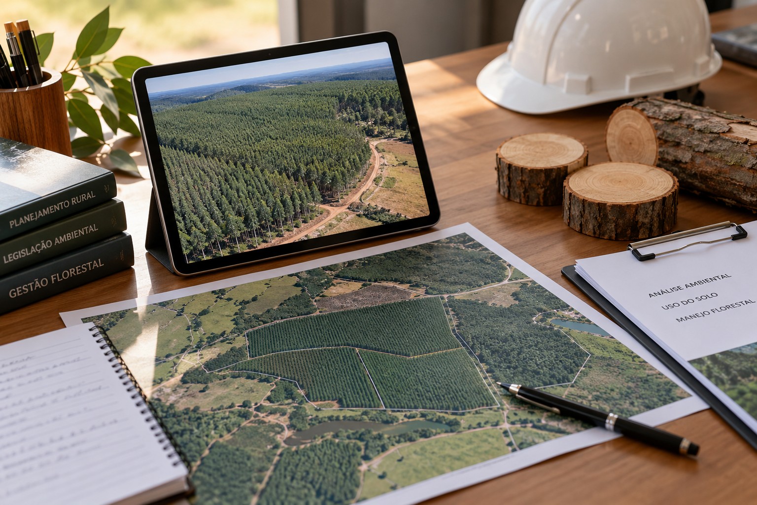 Mesa de trabalho com tablet, foto de drone e outros instrumentos, livros e anotações para planejamento e análise ambiental com finalidade de corte de eucalipto.