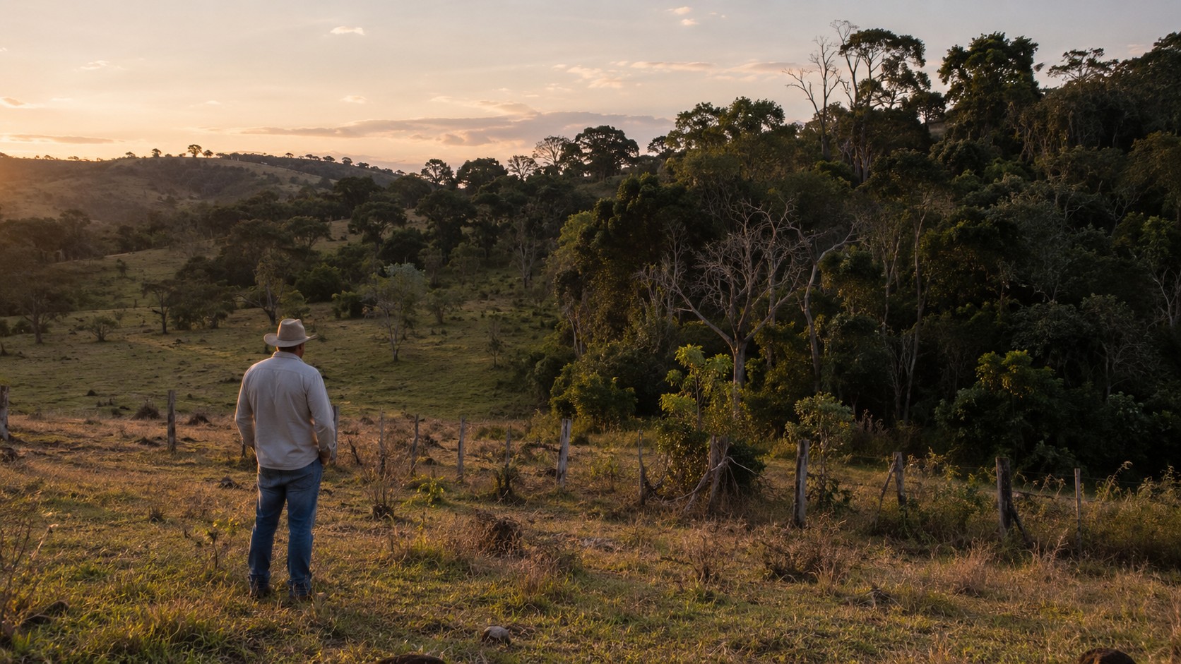 Homem em campo observando uma área de vegetação nativa típica de DAIA em caso de intervenção ambiental.