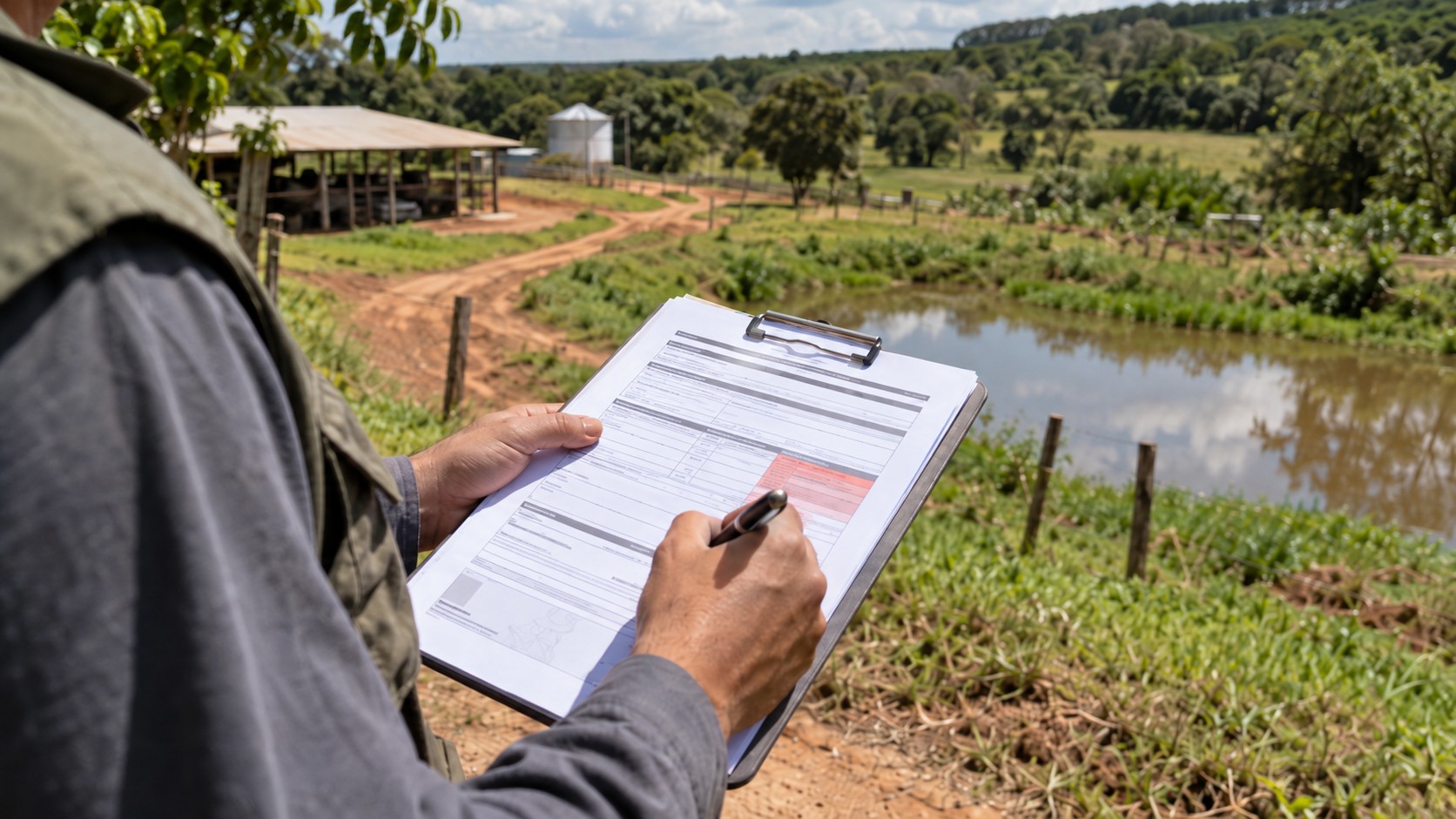 Analista com uma prancheta e uma caneta nas mãos observando uma região de uma propriedade, em alusão à verificação que pode anteceder um Auto de Infração Ambiental.