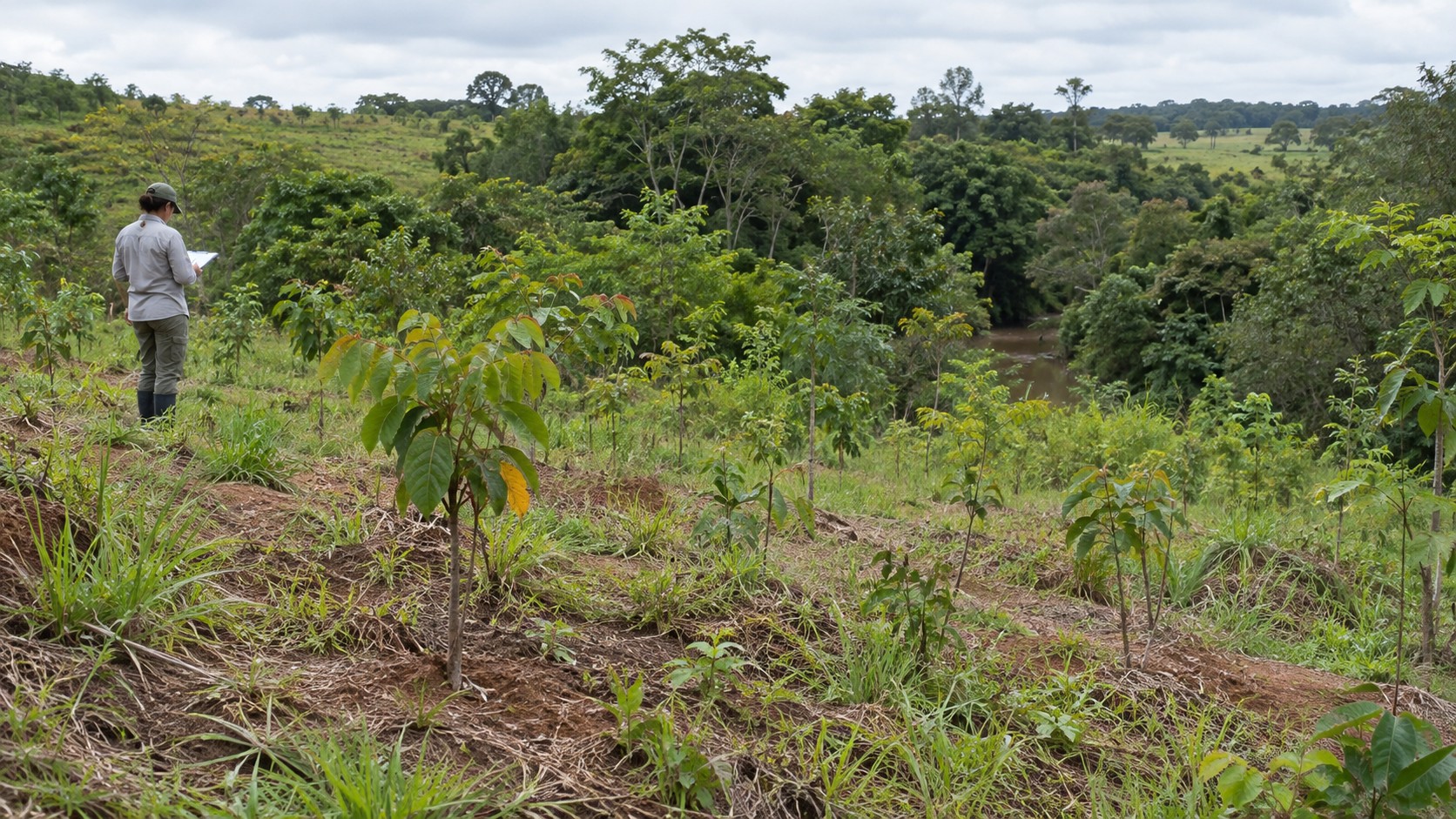 Profissional analisando terreno para restauração ambiental.