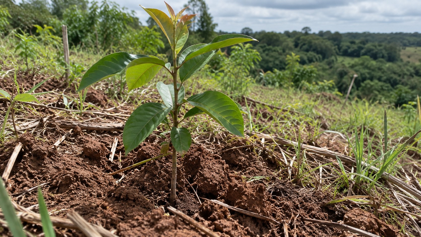 Muda recém-plantada em processo de restauração ambiental.